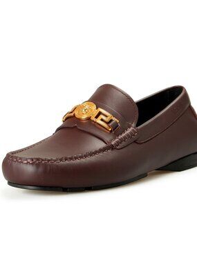 Versace Men's Burgundy 100% Leather Gold Medusa Driver Loafers Shoes US 10 IT 43